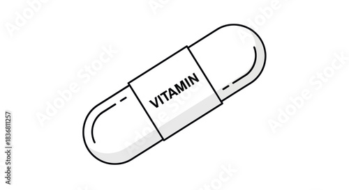 Simple Line Drawing of a White Vitamin Capsule with Label.