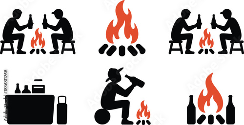 Campfire with friends outdoor relax silhouette vector design illustration