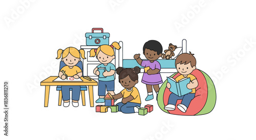 Group of Diverse Children Playing and Learning Together in Classroom.