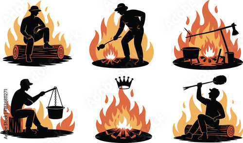 Campfire Silhouette Set Depicts People Cooking Food While Sitting or Standing Near Flames