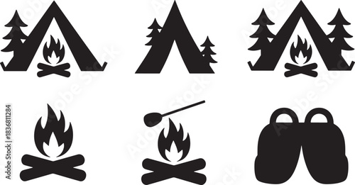 Camping and Outdoor Adventure Icons Set Featuring Tent Bonfire and Camping Elements