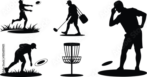 Disc golf player silhouette, outdoor sport recreation and leisure activity design