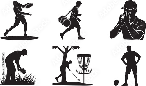 Disc golf silhouettes vector set for active lifestyle and outdoor sport activity