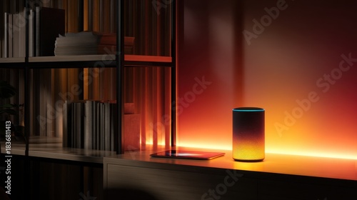 Warm contemporary home office with glowing gradient LED strip behind shelves, matte black smart speaker, wireless charging tray, and slim tablet