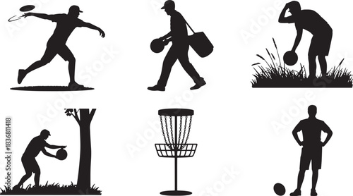 Disc golf silhouettes vector set for players competing in outdoor sport game