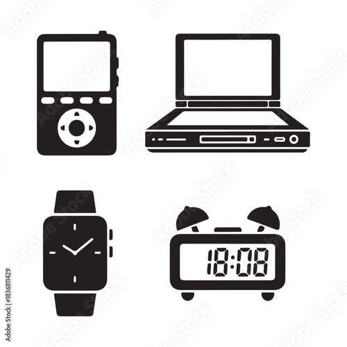 Collection of four black electronic gadget icons isolated on white background