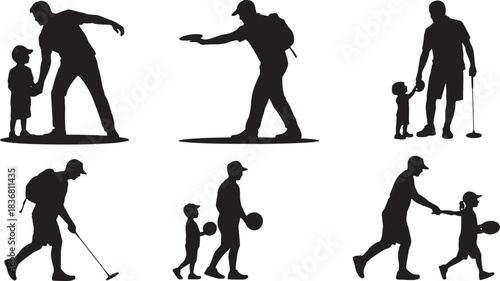 Father and child silhouettes playing sport or bonding on grey background art