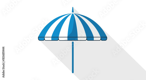 Blue and White Striped Beach Umbrella with Long Shadow.