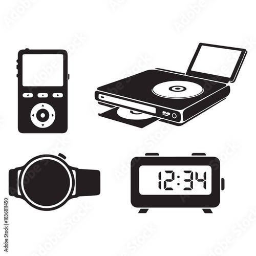 Collection of electronic gadget icons including mp3 player and watch