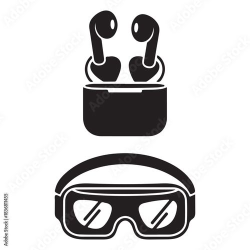 Wireless earbuds and virtual reality goggles icon set