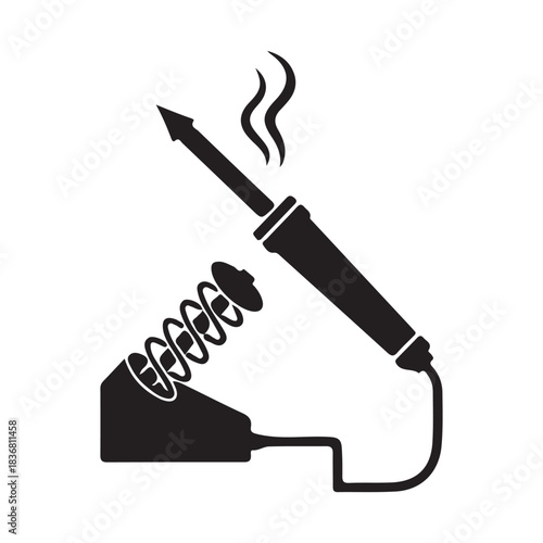 Soldering iron icon with stand and smoke isolated on white background