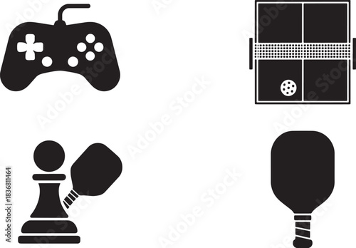 Gaming and Table Tennis Silhouette Icons Featuring Controller and Game Table