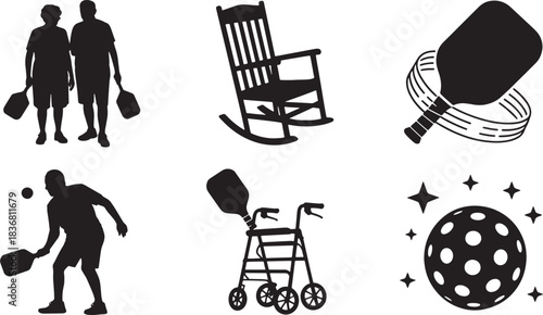 Pickleball Activity Silhouettes with Equipment on Transparent Background