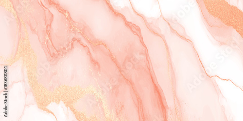 Elegant abstract alcohol ink art in soft pastel pink with delicate golden veins. Fluid marble effect.