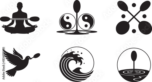 Set of Silhouette Paddle Sport and Zen Elements, Vector Illustration and Art Design