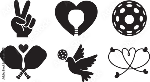 Set of Silhouette Peace and Love Icon with Pickleball on Transparent Background