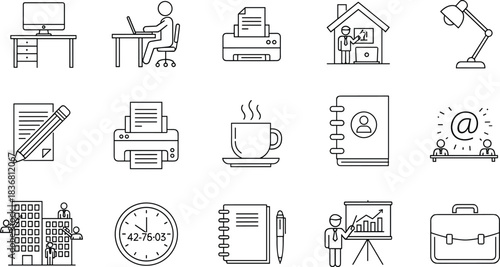 Office Workflow, Business Productivity, and Remote Work Icon Set: Corporate Administration, Technology, Workplace, and Management Outline Vector Collection