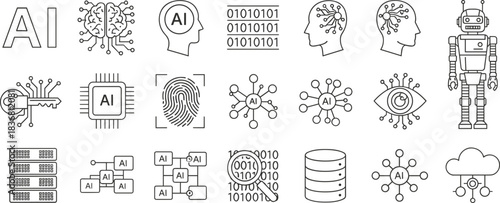 Artificial Intelligence, Data Science, and Robotics Technology Icon Set: Machine Learning, Digital Brain, Neural Networks, Cloud Storage, and Security Outline Vector