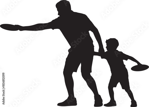 Silhouette illustration of father and child playing frisbee on transparent backdrop