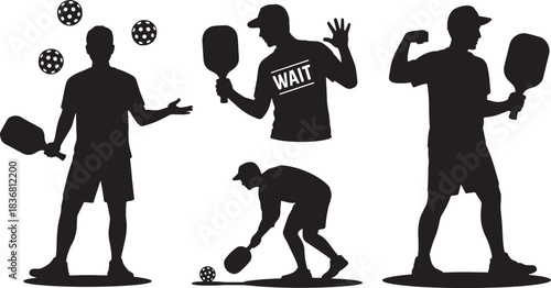 Silhouette illustrations of pickleball players juggling the balls and making gestures