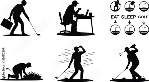 Silhouette illustrations of diverse golf scenarios with office work and drinking