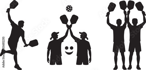 Silhouette illustration of pickleball players celebrating together on transparent scene