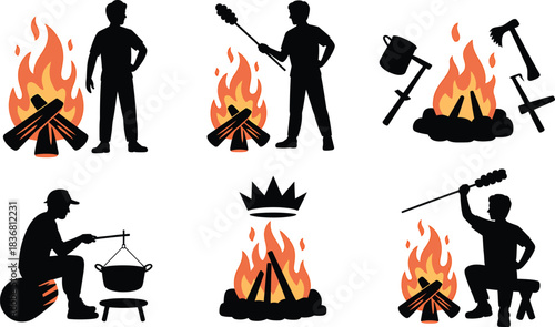 Silhouette of Campfire with Burning Firewood Featuring People Cooking and Standing