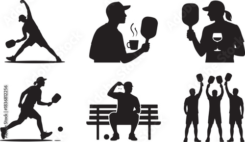 Silhouette Set Illustrates Individuals Playing Pickleball and Relaxing Outdoors