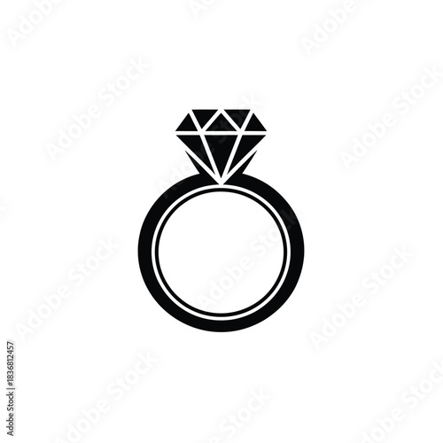 A sleek black silhouette of a sparkling diamond engagement ring stands prominently on a clean white background