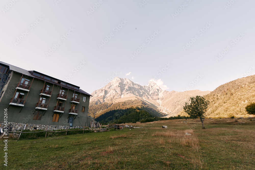 Obraz premium Mountain lodge meadow alpine valley pasture peaks landscape with rustic building, grazing sheep and lone tree under soft sunrise light, peaceful rural scenery for travel and outdoor escape.