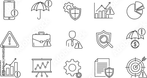 Cyber Security, Financial Risk Management, and Data Analysis Icon Set: Business Safety, Protection, Warning, and Insurance Outline Vector Collection for Stock
