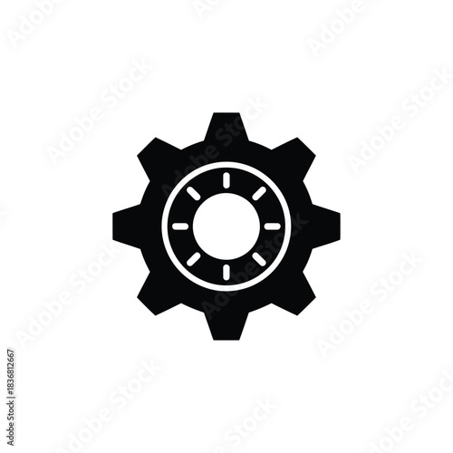 A solid black gear icon showcasing an inner white circle with small intricate details resembling ball bearings
