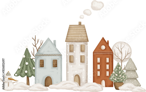 An illustration with winter houses and Christmas trees, a Christmas composition. Illustration for design, cards, print, pattern, isolated on a transparent background