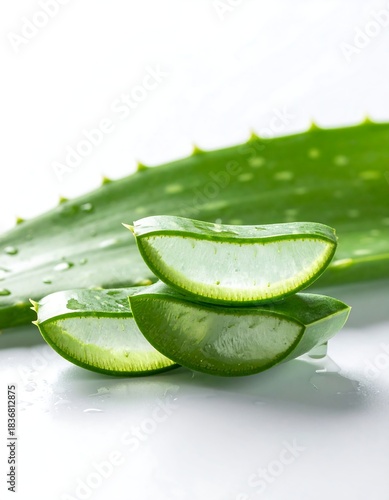 Wallpaper Mural Close-up of sliced aloe vera gel and leaf on a white surface Torontodigital.ca