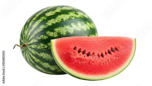 Fresh whole and cut watermelon fruit isolated on transparent background