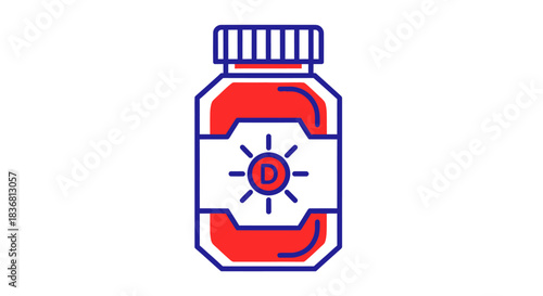 Colorful Illustration of a Vitamin D Supplement Bottle.