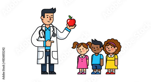 Doctor presenting a red apple to a group of diverse children promoting healthy eating habits.