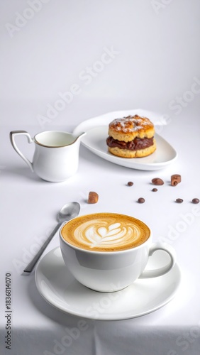Latte with art, pastry, and creamer set on a white tablecloth