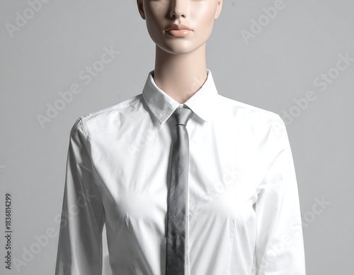 Mannequin wearing a white button-down shirt and grey tie