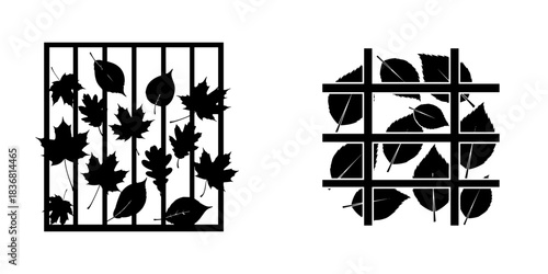 Leaves trapped in a grid on transparent background