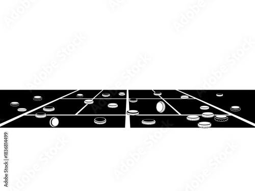 Sidewalk with bottle caps scattered on transparent background with copy space