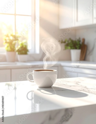 Morning light streaming through a kitchen window, with coffee cup