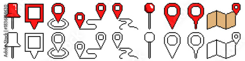 Set pixel location icon vector for mapping and navigation applications. Symbolizes travel, pinpointing, and retro digital geography. Ideal for app icon sets.