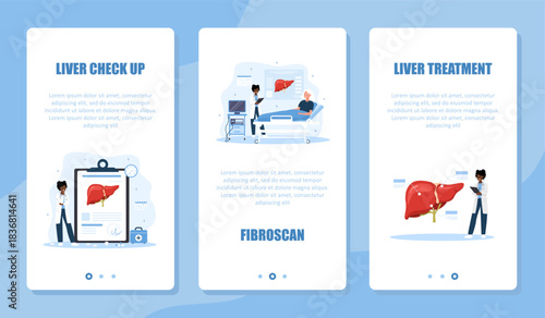 Hepatology banner set. Liver disease set. Medical examination and therapy by hepatologist for diagnosis and prevention. Vector design.