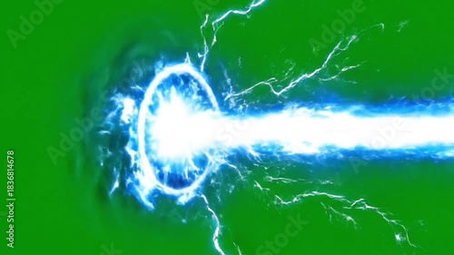 A bright blue-white Kamehameha-style energy beam charging and firing forward on a clean green background.