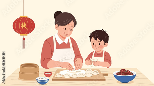 Family making dumplings together during Chinese New Year celebrations, a heartwarming scene of tradition and bonding