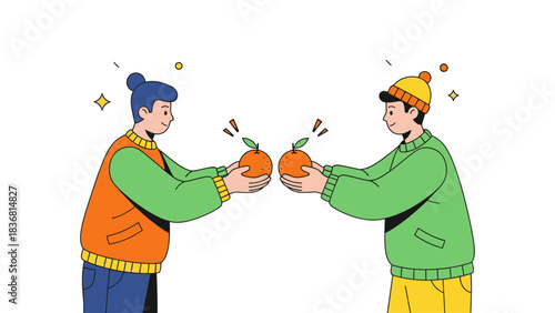 Conceptual illustration of two individuals exchanging oranges with green sprouts, symbolizing mutual growth, generosity, and fostering community connections through thoughtful giving and sharing