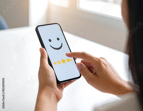 Person holds smartphone showing happy face with five stars