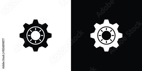A versatile split screen image features a stylized gear or cogwheel icon presented in both black and white versions