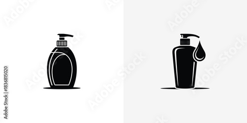 Black and white icons featuring pump dispenser bottles with a drop suggesting liquid hygiene products